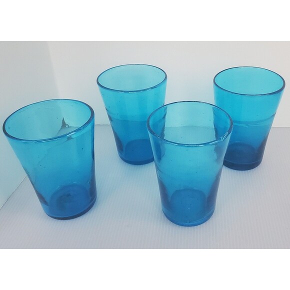 Vintage Mexican Hand Blown Aqua  Blue Drinking Bubble Glasses Set of 4 Highball - Picture 2 of 10